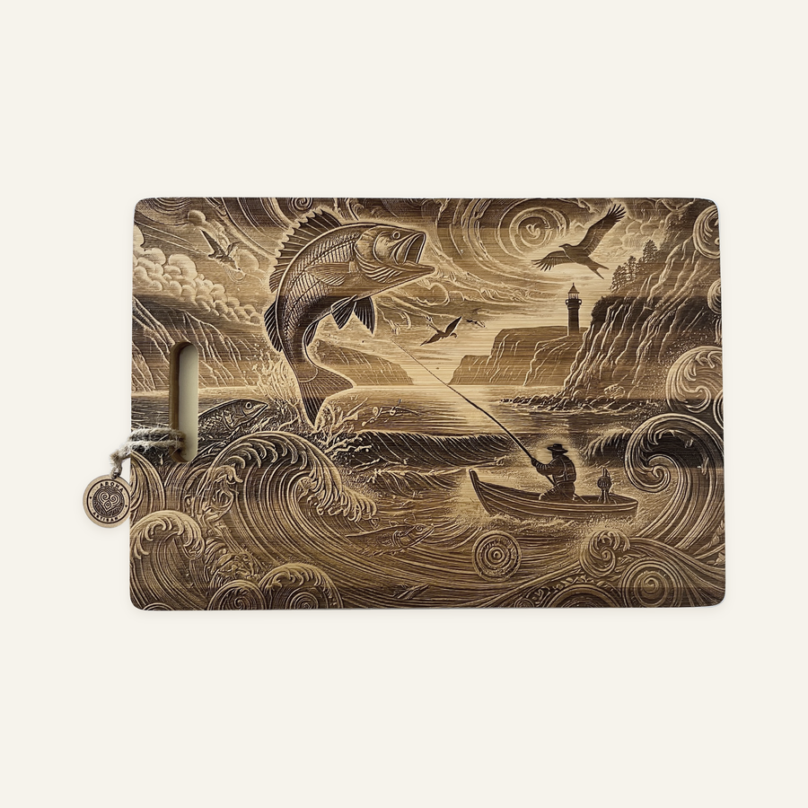 Fishing Spirit artwork engraved on a bamboo board