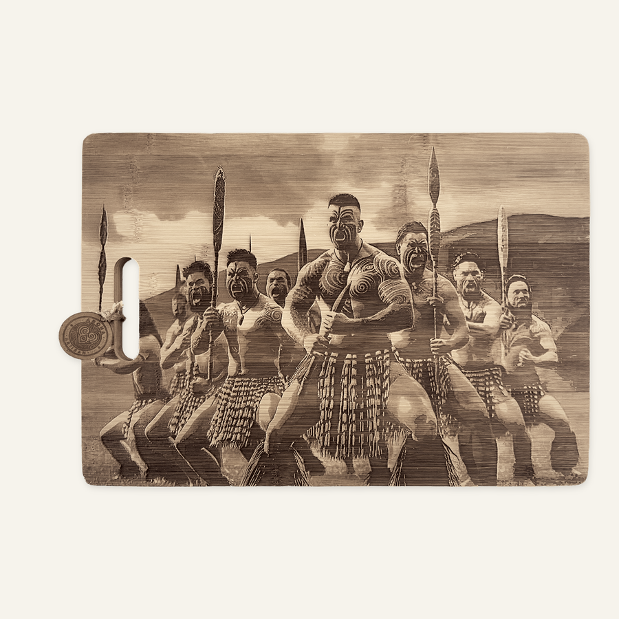 Haka Group artwork engraved on a bamboo board