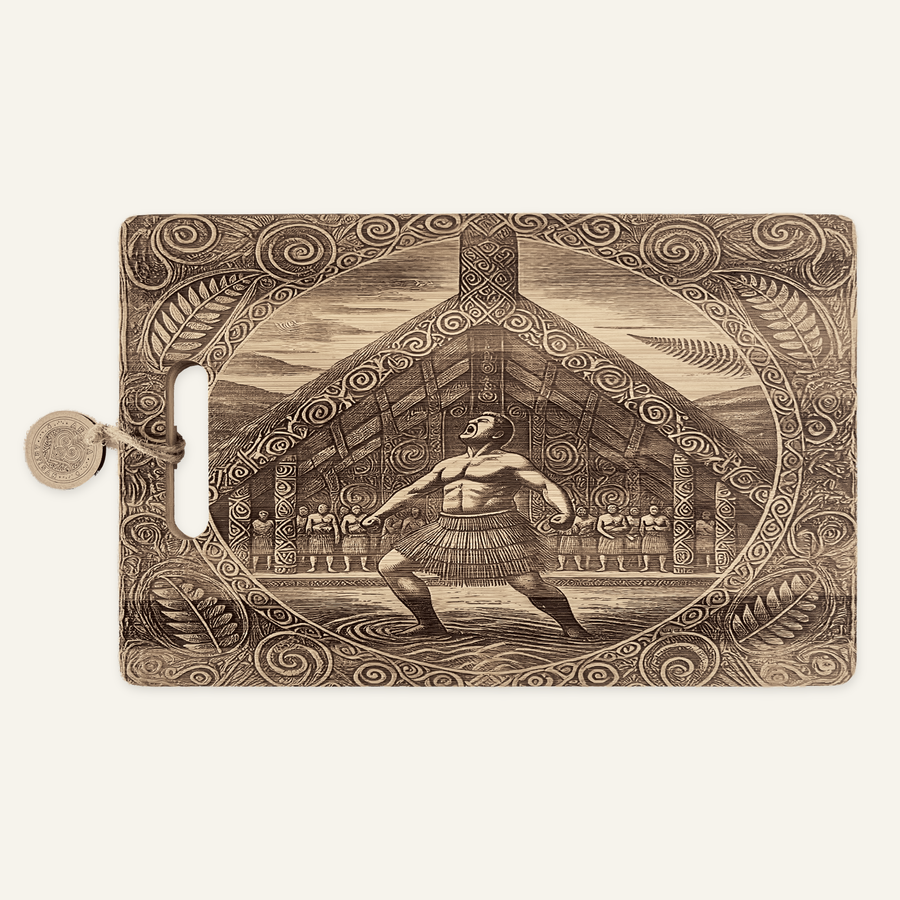 Haka male artwork engraved on a bamboo board