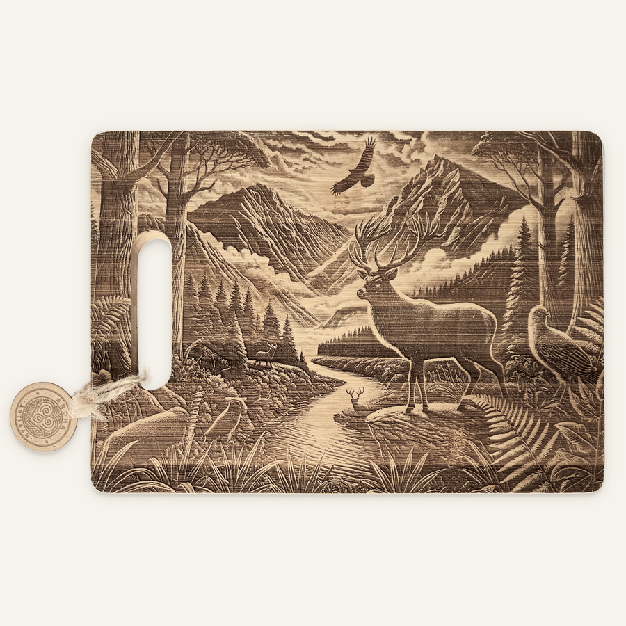 Hunter’s Sunrise artwork engraved on a bamboo board