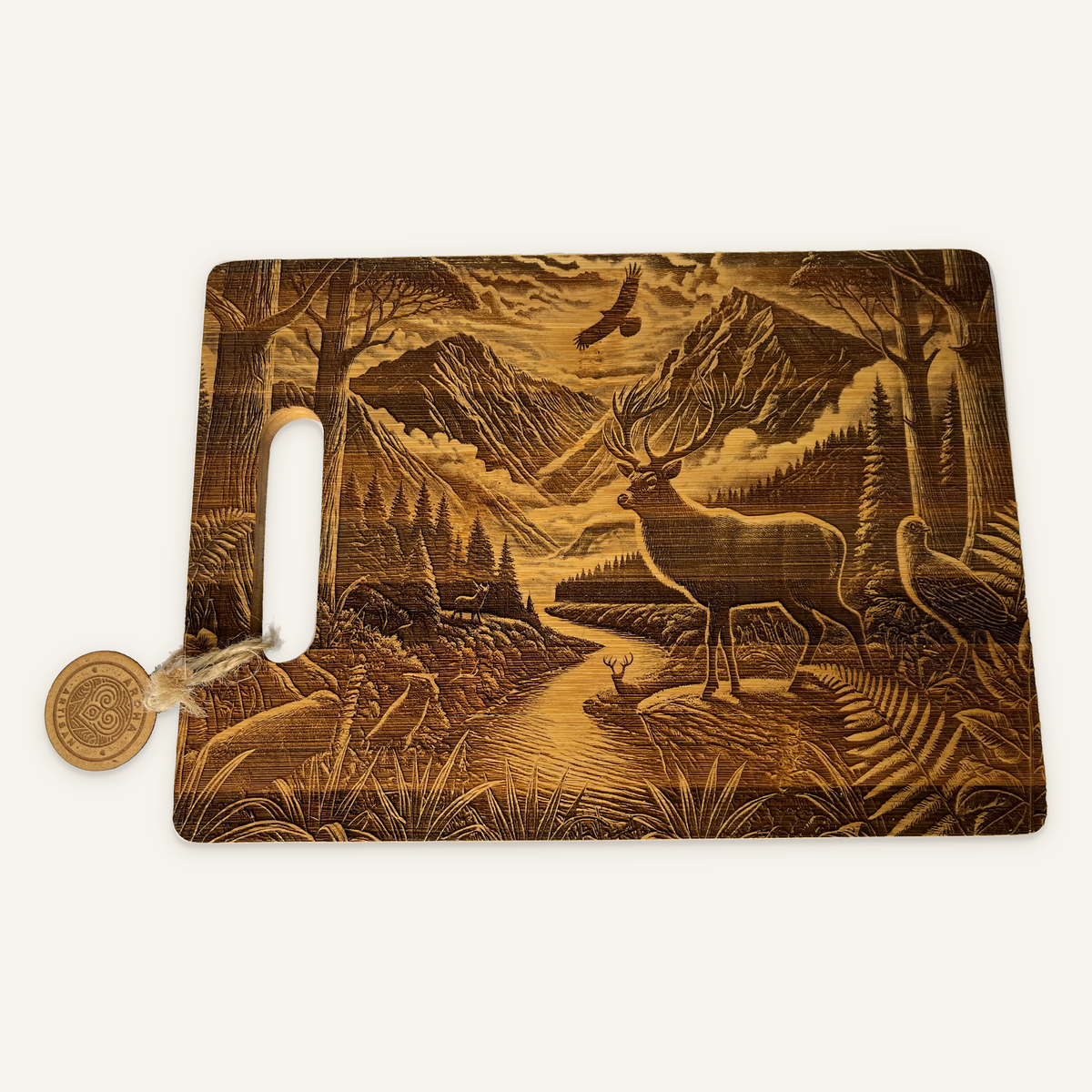 Hunter’s Sunrise engraved wooden board showing a stag, mountain valley, river, forest and bird, with an Aroha tag on an ivory background.
