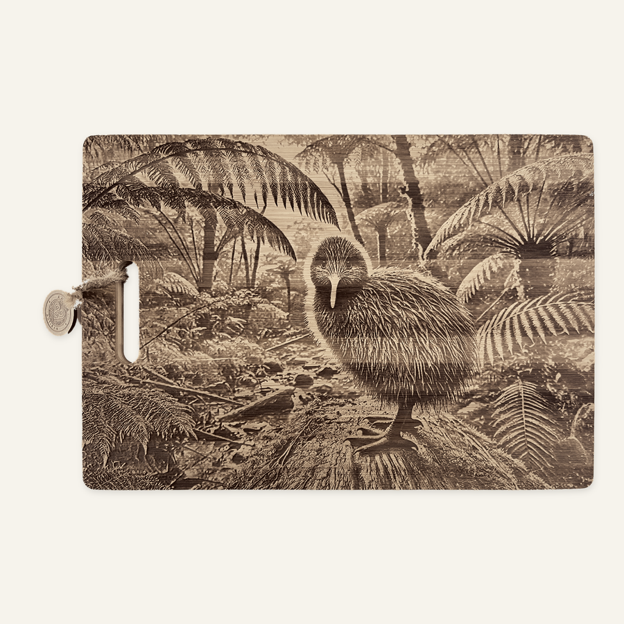 Kiwi Front artwork engraved on a bamboo board