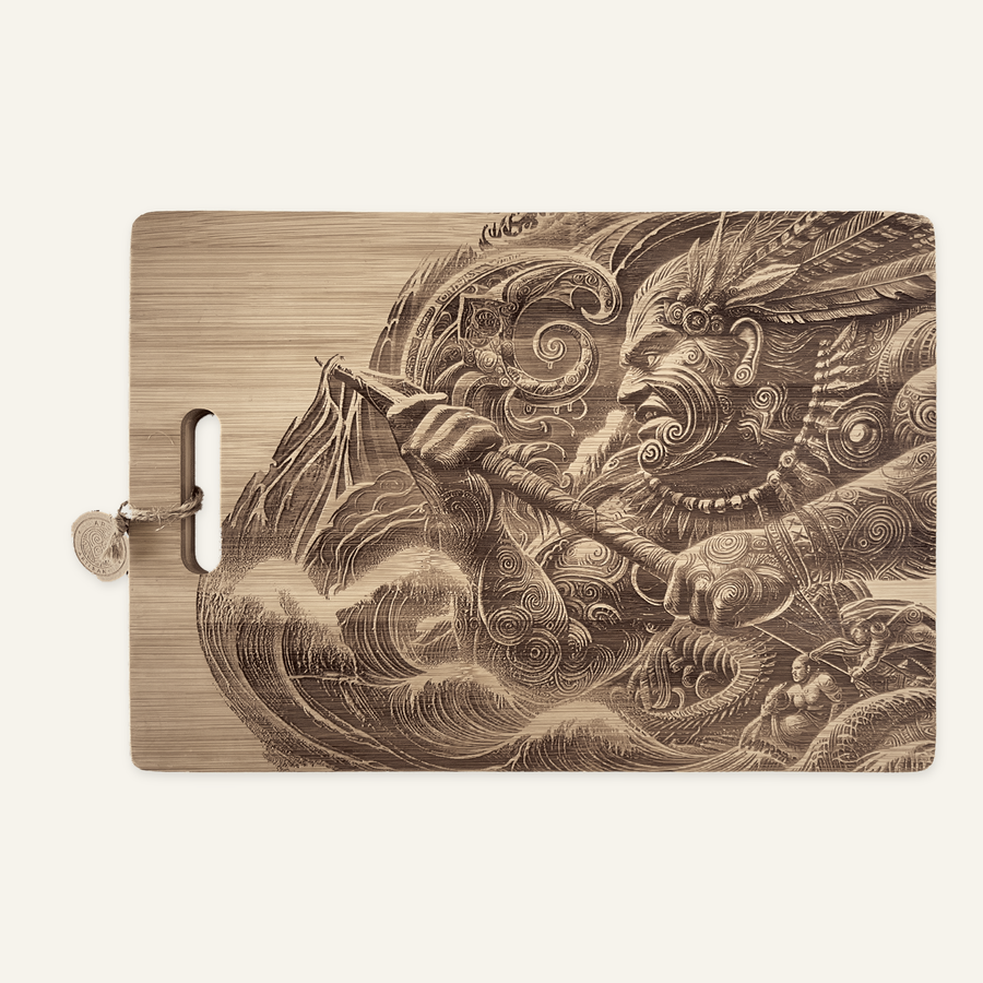 Maui v1 artwork engraved on a bamboo board