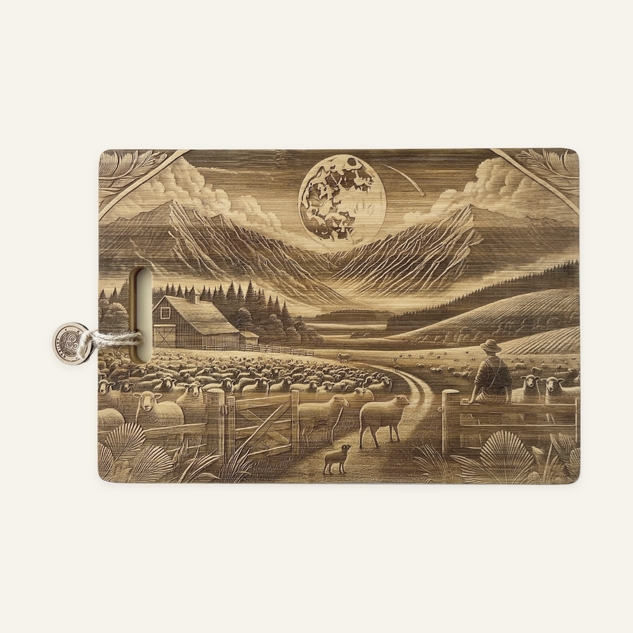 Moon Farm artwork engraved on a bamboo board