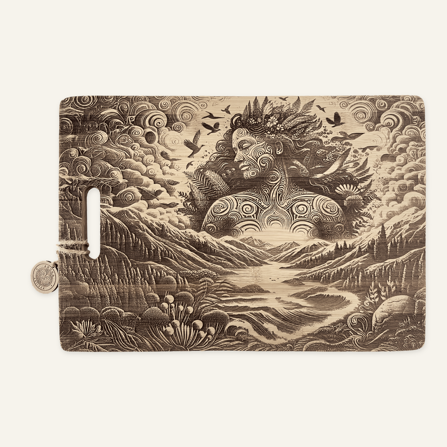 Papatunuku artwork engraved on a bamboo board