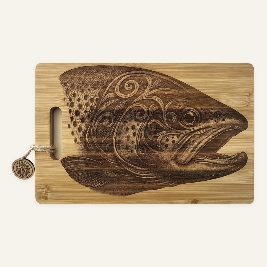 River Spirit artwork engraved on a bamboo board