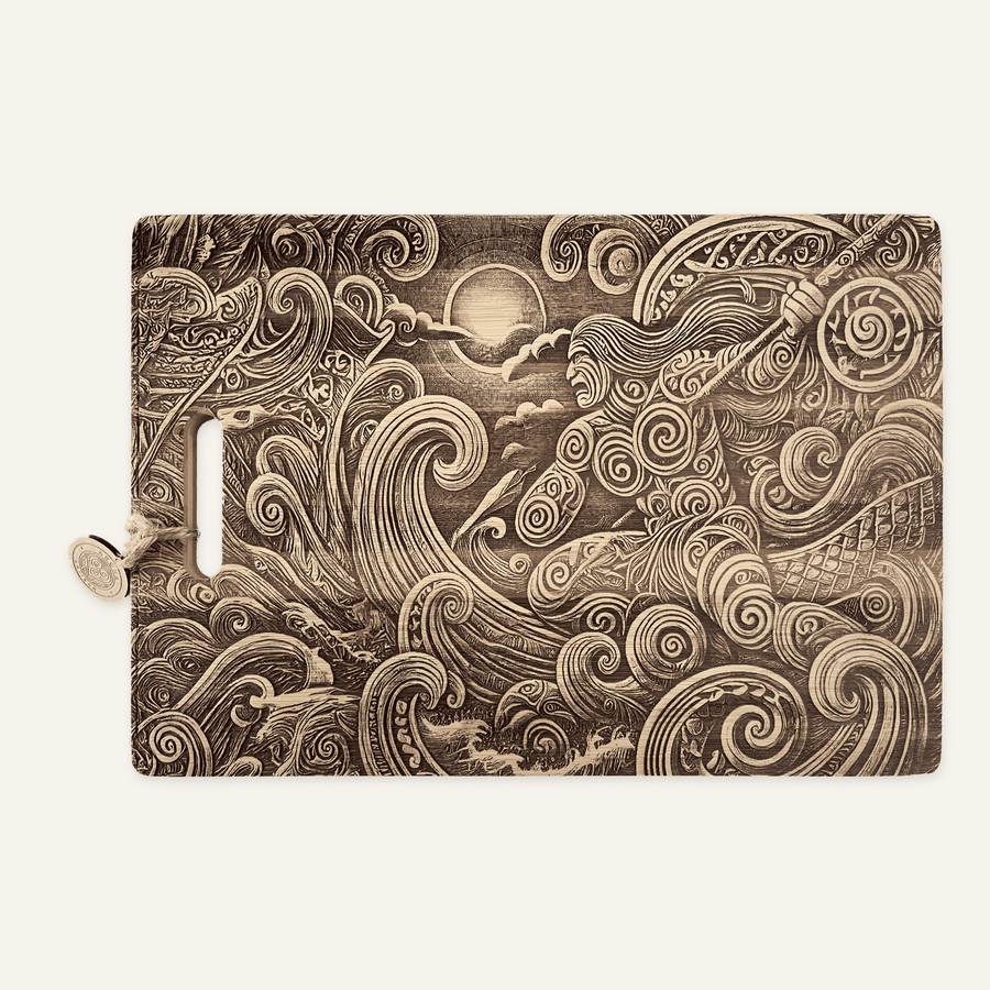 Sea Warrior artwork engraved on a bamboo board