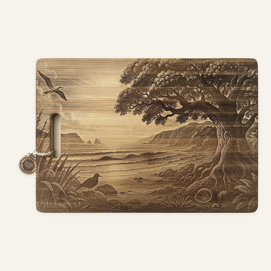 Serene Beach — Coastal Edition artwork engraved on a bamboo board