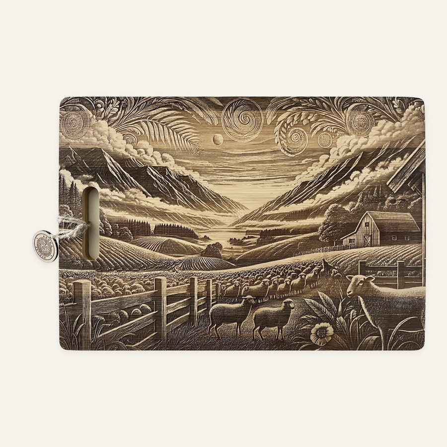 Sheep Farm artwork engraved on a bamboo board