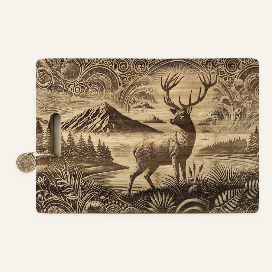 Spirit of the Outdoors artwork engraved on a bamboo board