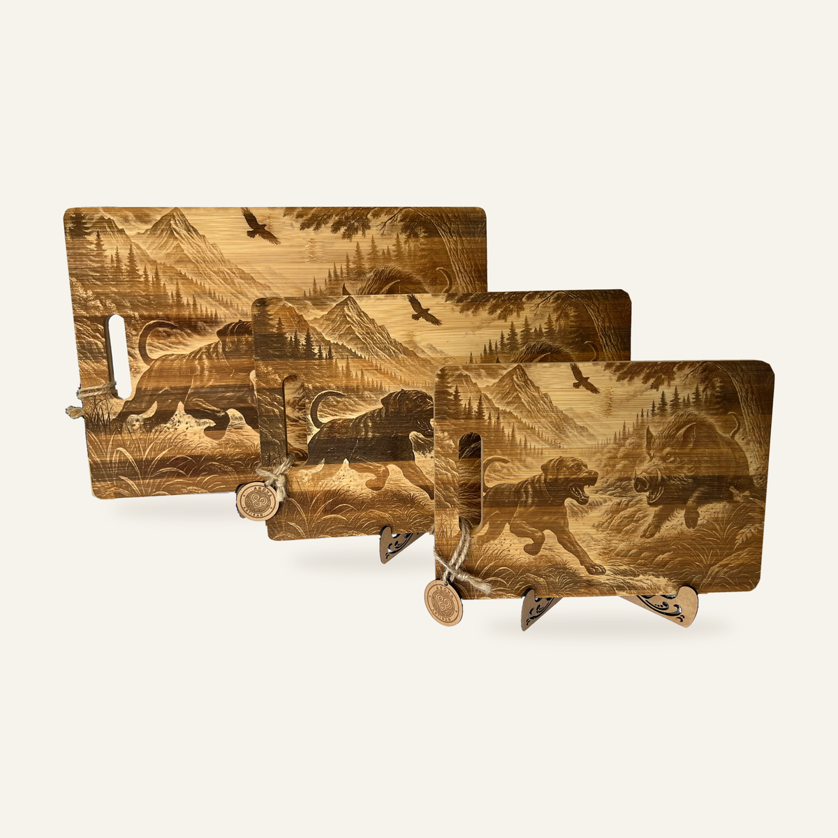 Three The Take Down: One-Dog Edition bamboo boards displayed together on decorative stands.