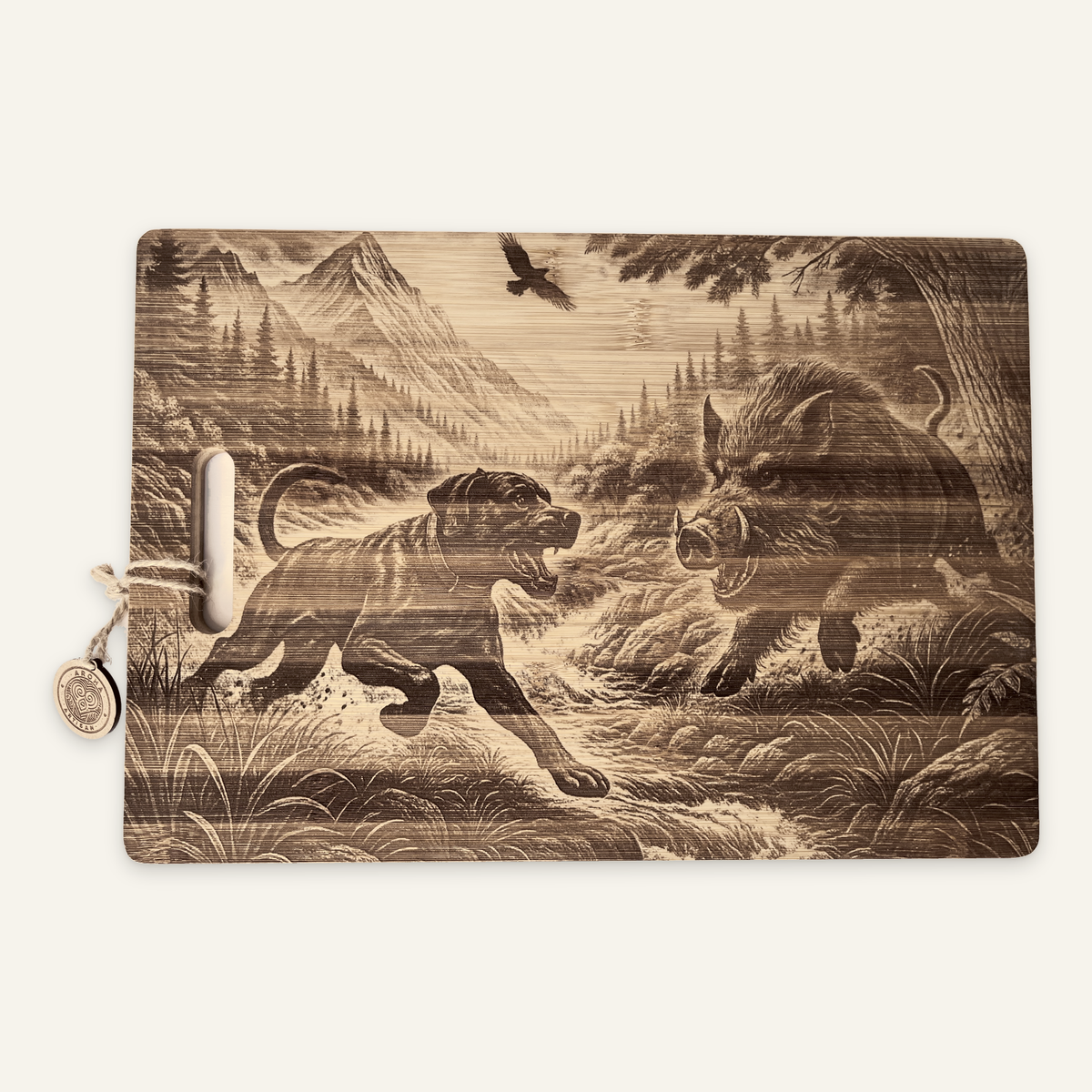The Take Down: One-Dog Edition bamboo board, showing one dog facing a boar beside a rocky stream, mountains, trees and a bird overhead.
