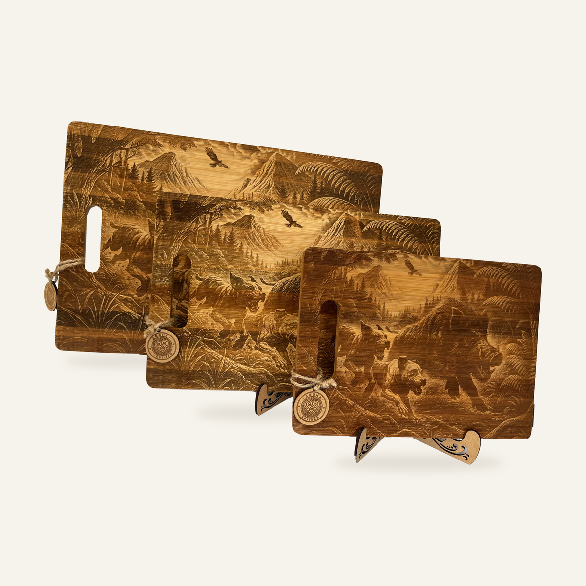 Three The Take Down: Two-Dog Edition bamboo boards displayed together on decorative stands.