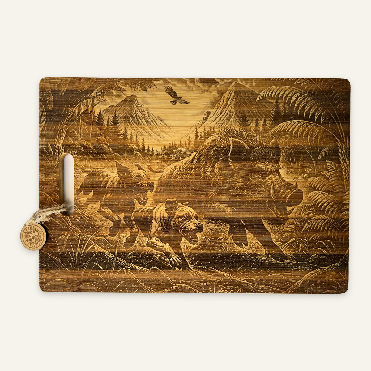 The Take Down: Two-Dog Edition bamboo board, showing two dogs chasing a boar through a rocky mountain landscape with trees, ferns and a bird overhead.