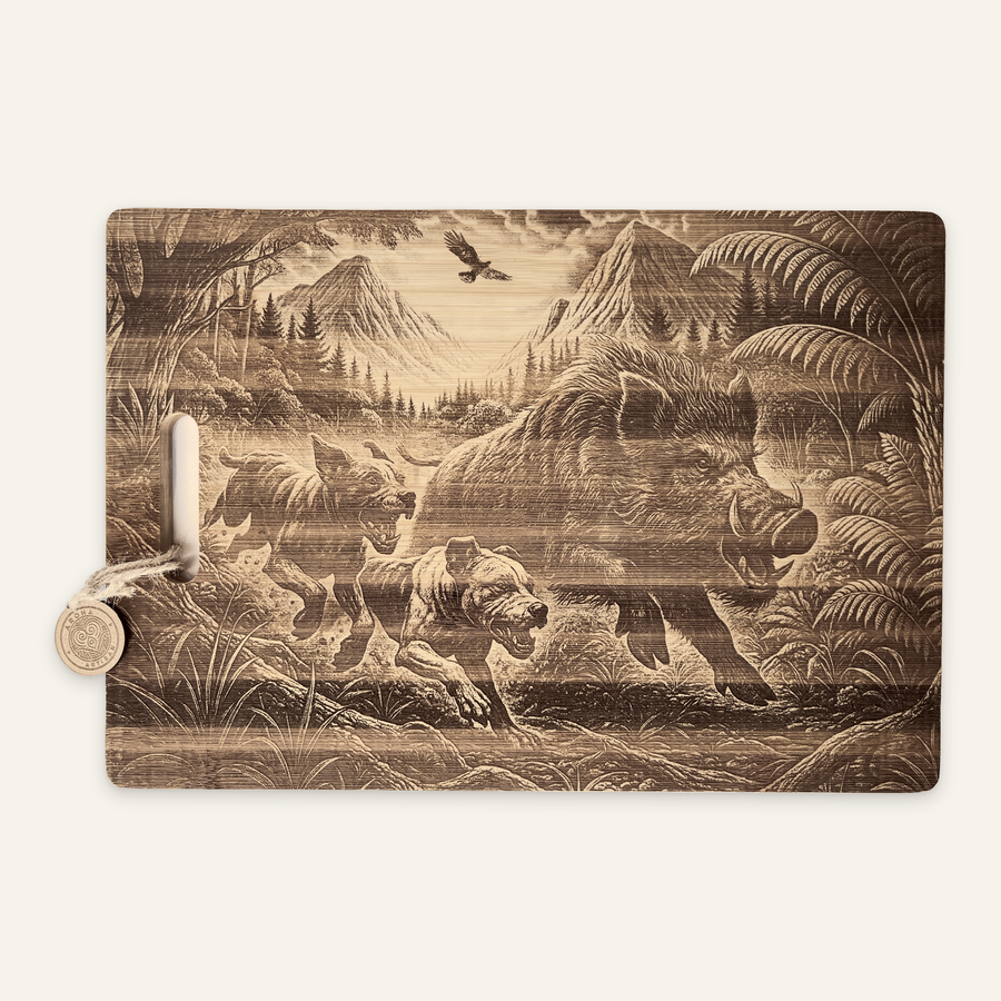 The Take Down: Two-Dog Edition artwork engraved on a bamboo board