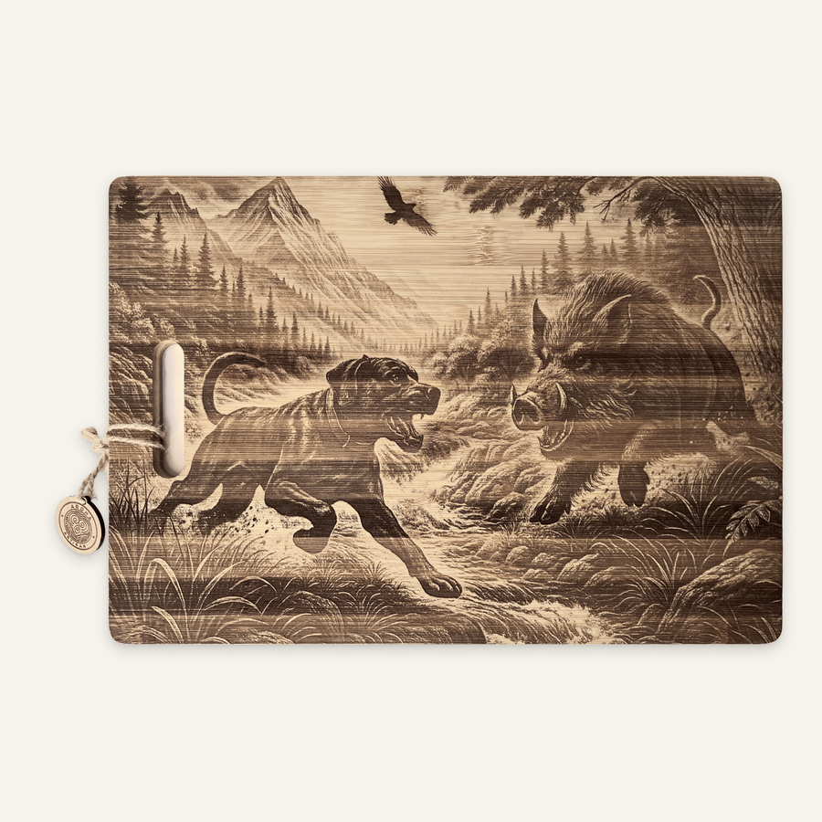 The Take Down: One-Dog Edition artwork engraved on a bamboo board