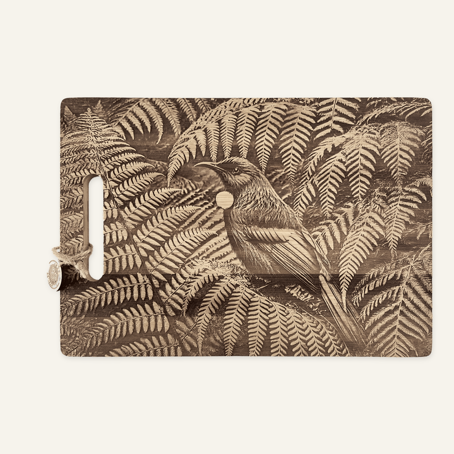 Tūī Fern artwork engraved on a bamboo board