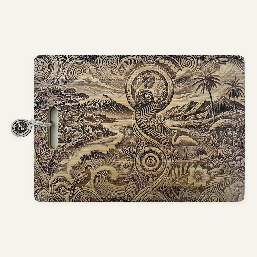 Wahine O te Awa artwork engraved on a bamboo board