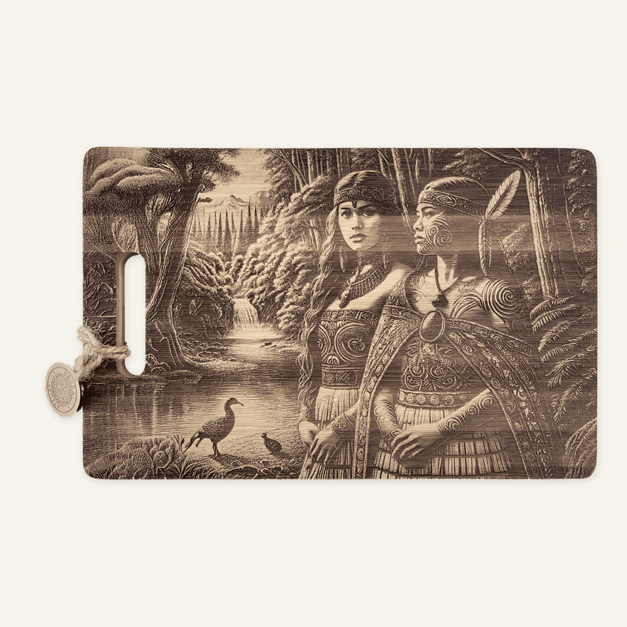 Wahines artwork engraved on a bamboo board