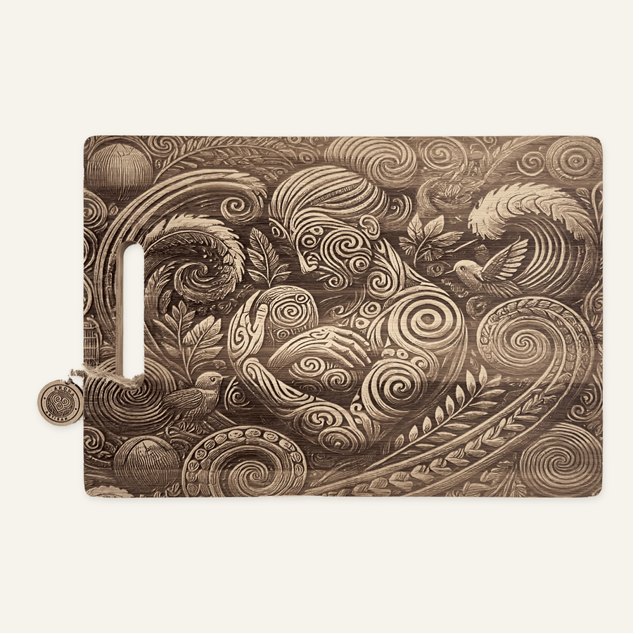 Whaea & Pēpi artwork engraved on a bamboo board