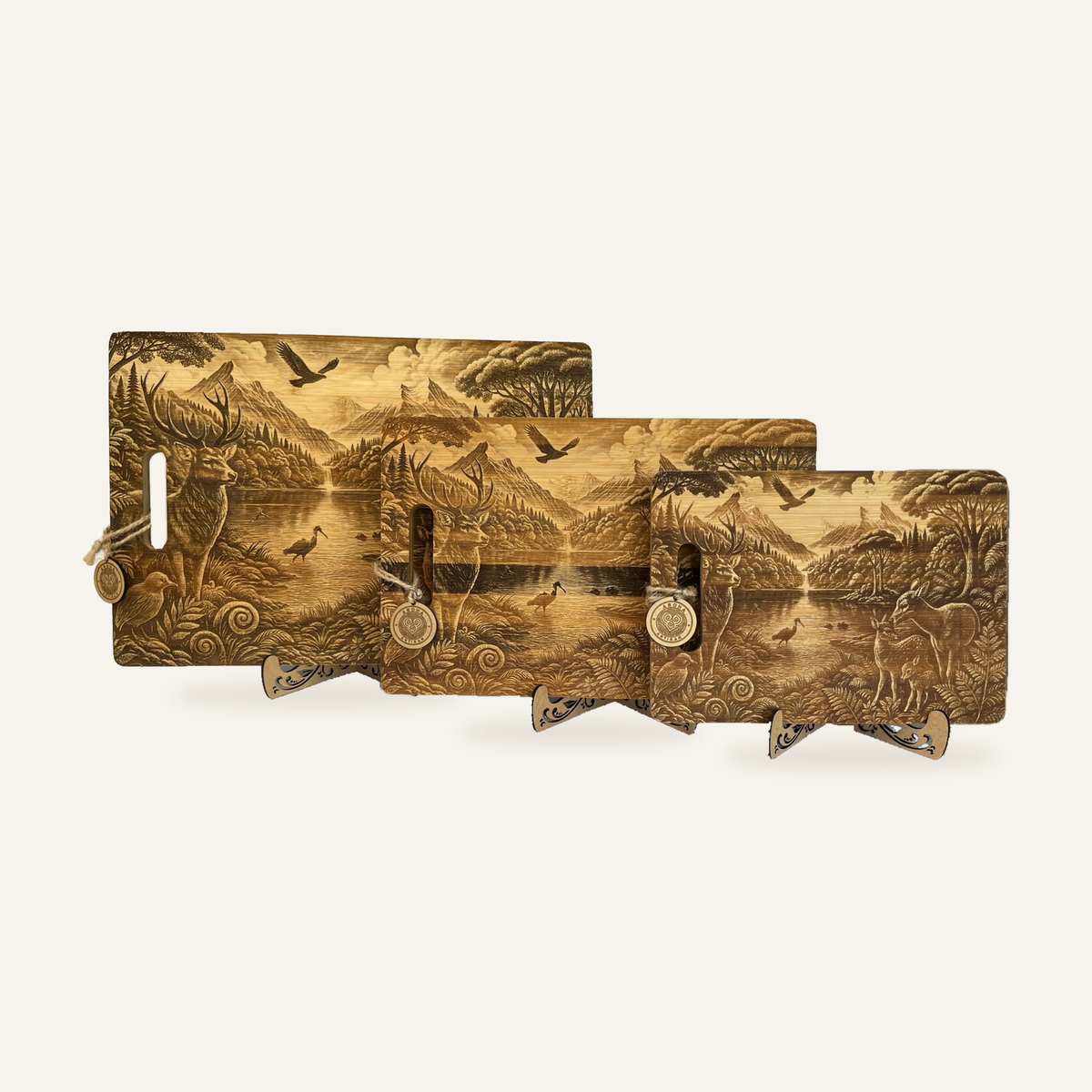 Three Where We Belong engraved wooden boards displayed together on decorative stands against an ivory background.
