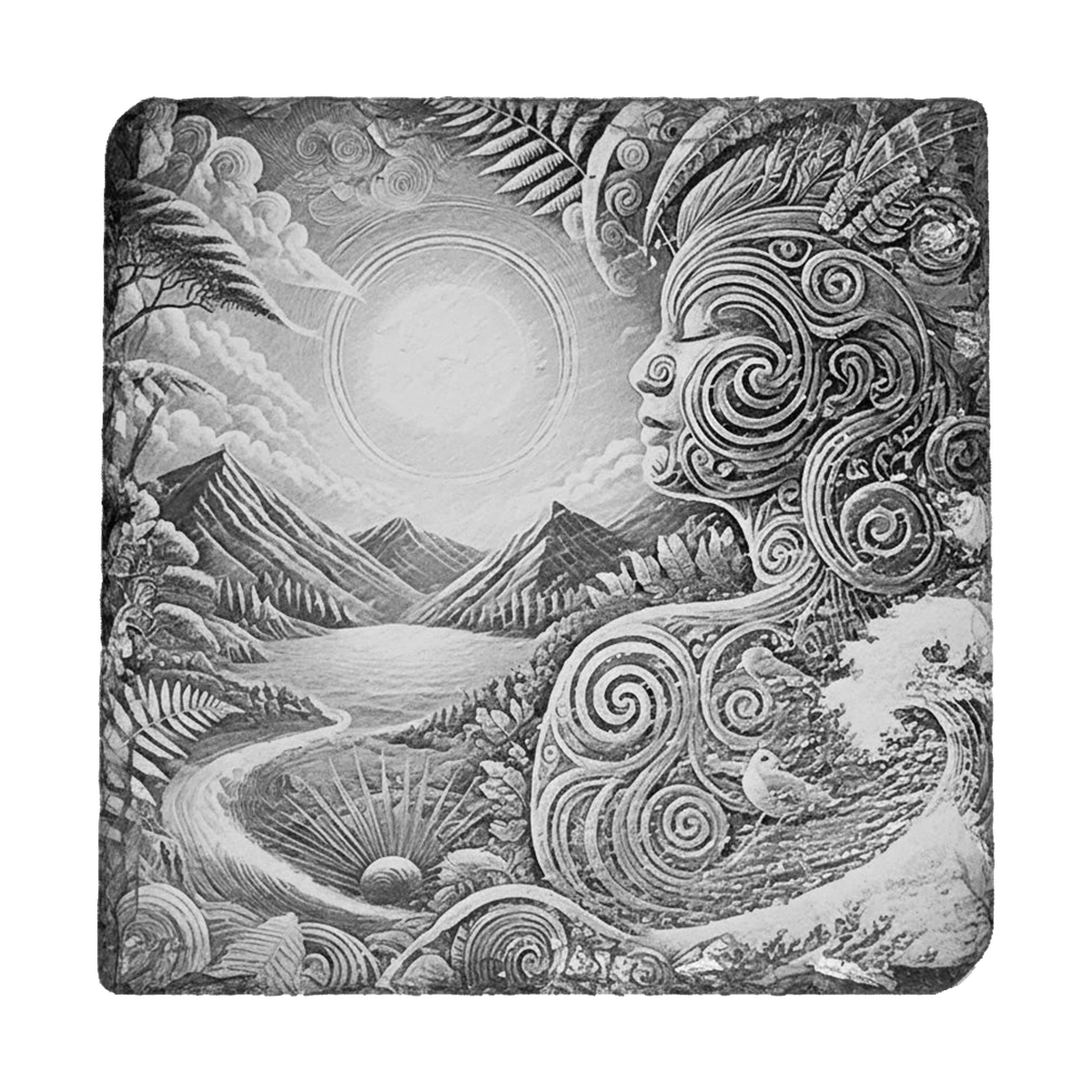 Feminine Spirit · Sun engraved natural slate artwork for display only, showing a woman's profile beside the sun, mountains and a river.