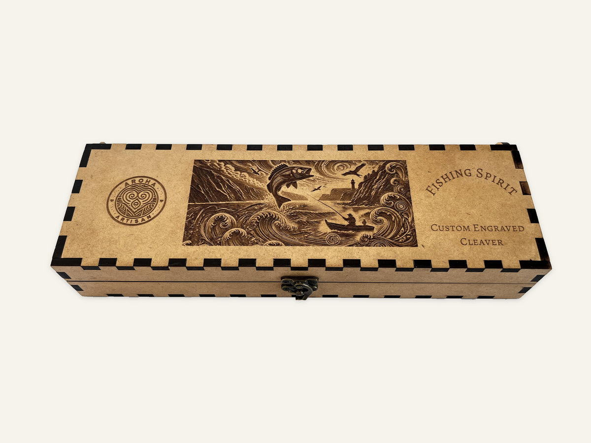 Closed matching engraved MDF presentation box for Fishing Spirit
