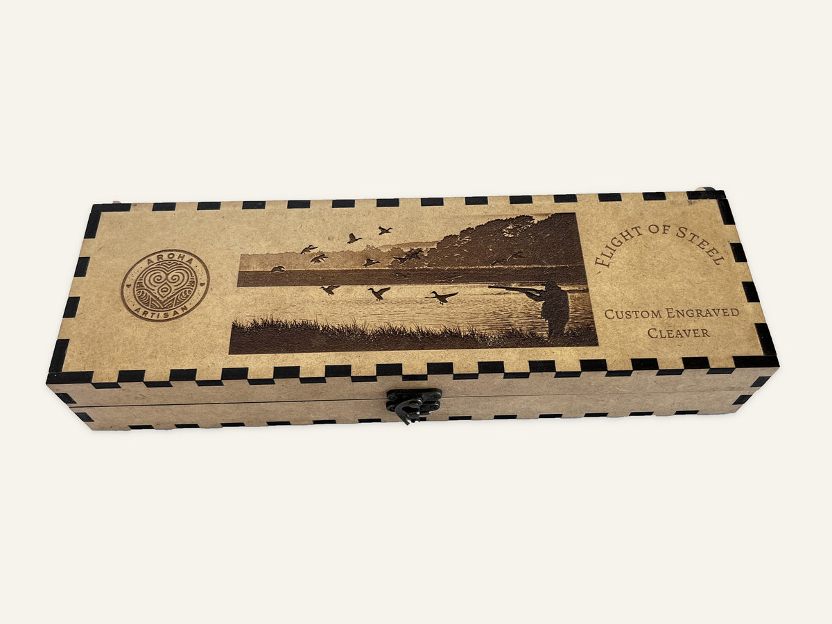 Closed matching engraved MDF presentation box for Flight of Steel