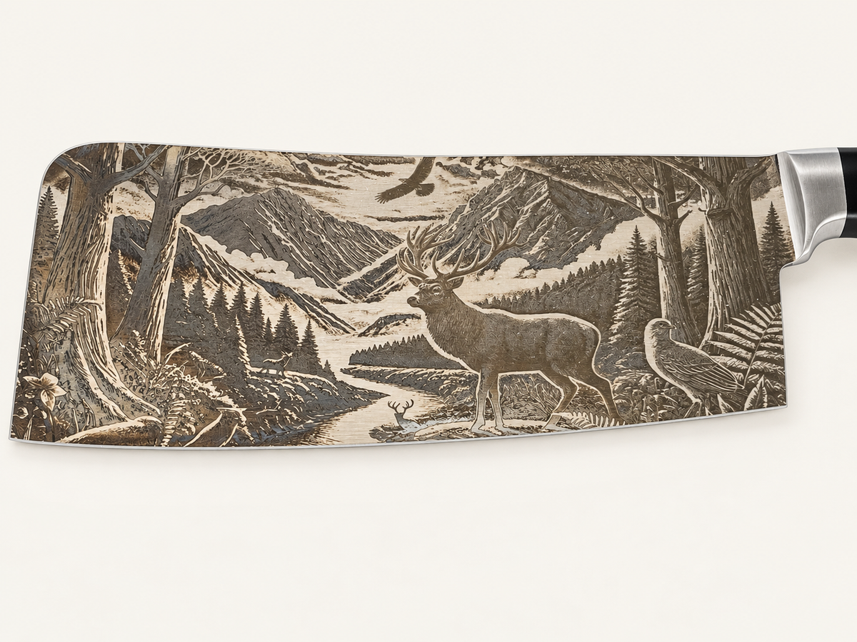 Detail of the stag, mountain valley, river, trees and birds engraved on Hunter’s Sunrise