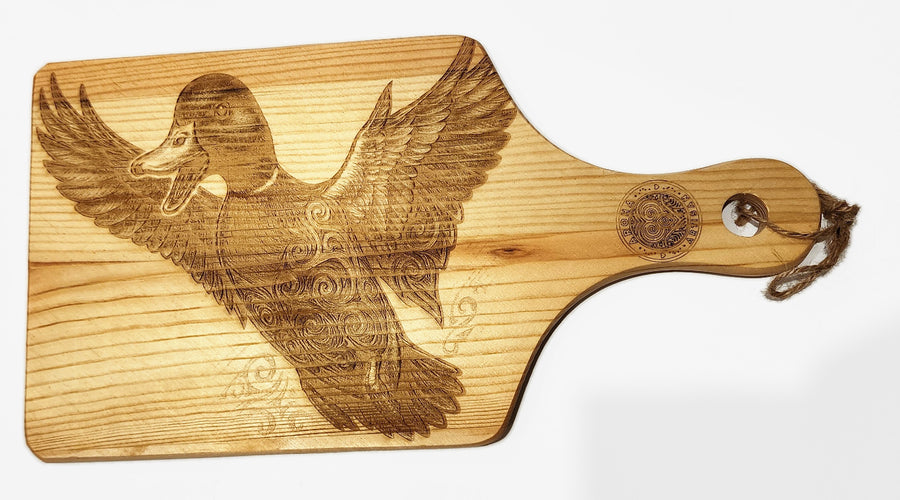 Duck design on an Aroha Artisan mini engraved wooden board, with outstretched wings, handle and hanging twine.