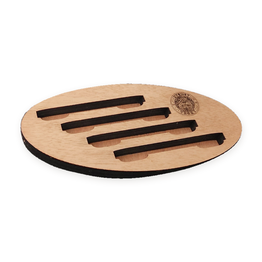 Oval mahogany-clad stand with four slots and the Aroha Artisan logo