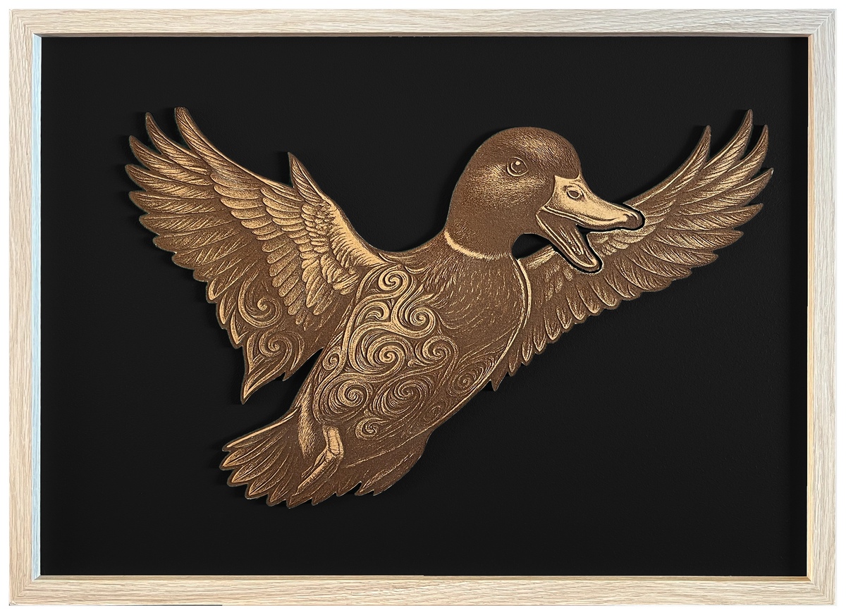 Duck — Front engraved cutout artwork with black background and Ashwood frame — frame-finish composite and colour visualisation, not a new photograph.