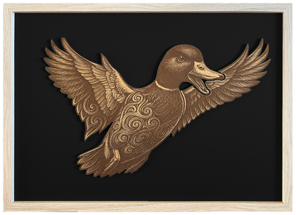 Duck — Front engraved cutout artwork with black background and Ashwood frame — frame-finish composite and colour visualisation, not a new photograph.