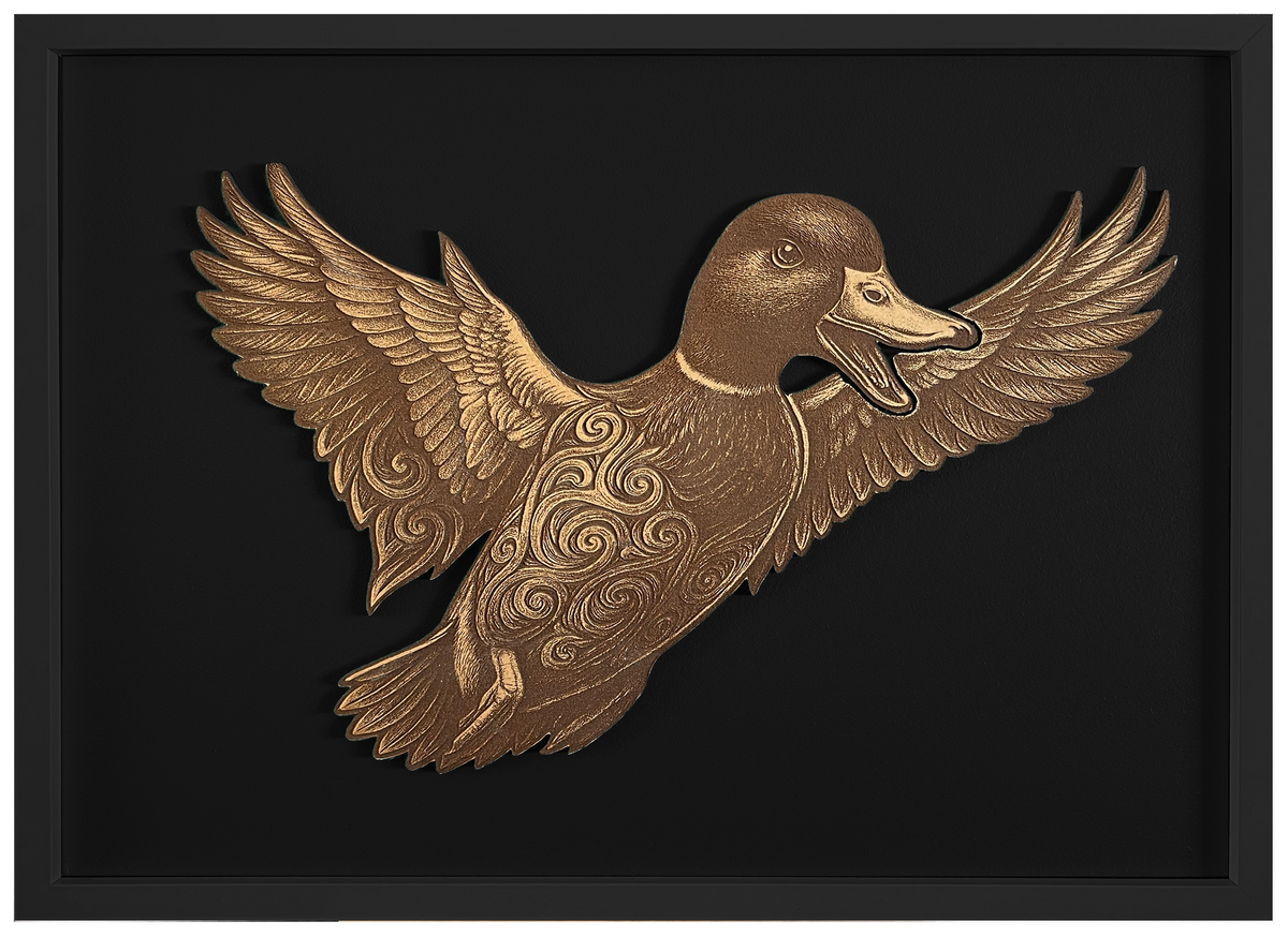 Duck — Front engraved cutout artwork with black background and Black frame — colour visualisation, not a new photograph.