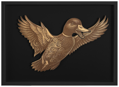 Duck — Front engraved cutout artwork with black background and Black frame — colour visualisation, not a new photograph.