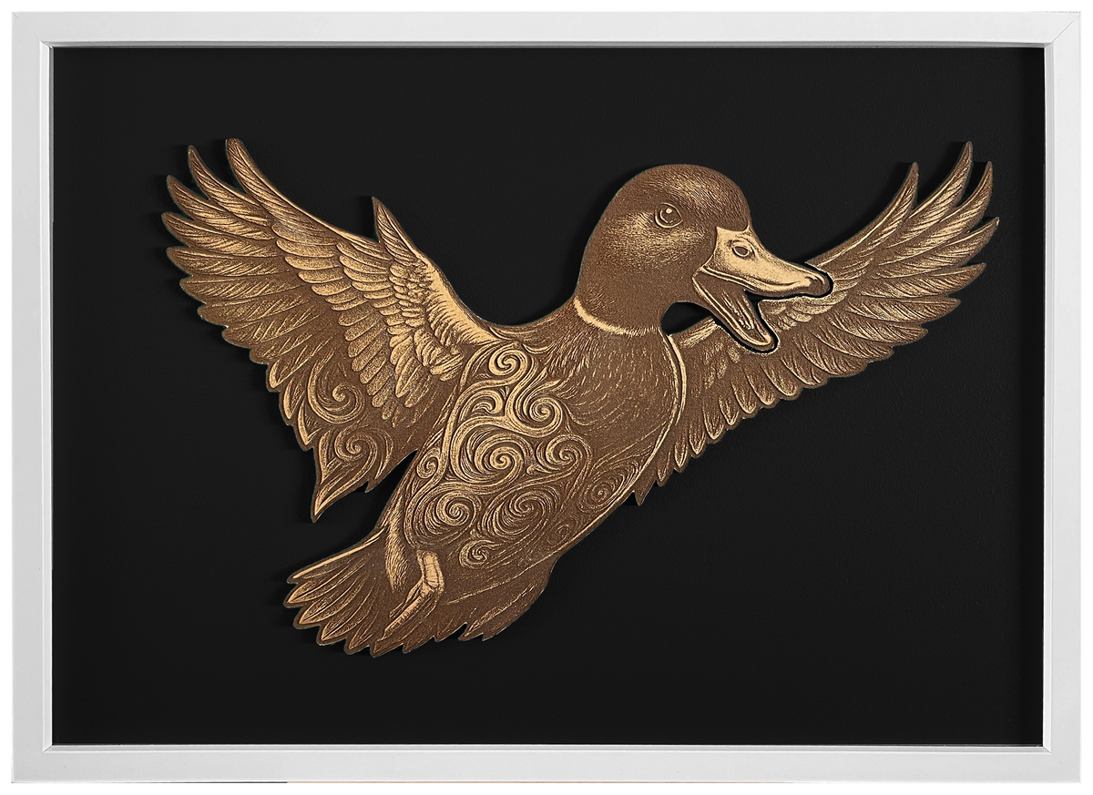 Duck — Front engraved cutout artwork with black background and White frame — colour visualisation, not a new photograph.