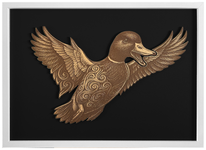 Duck — Front engraved cutout artwork with black background and White frame — colour visualisation, not a new photograph.