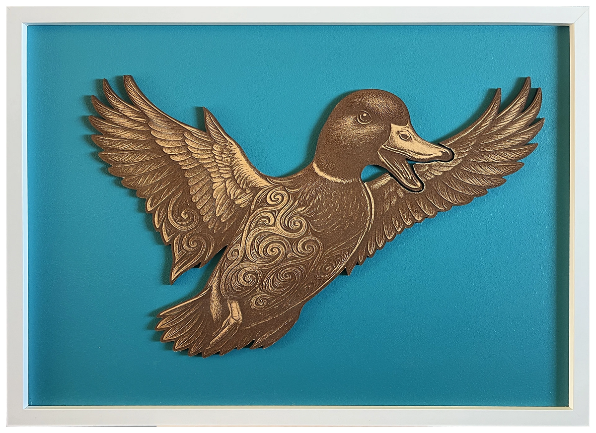 Duck — Front engraved cutout artwork in an A2-size white frame with a deep teal background