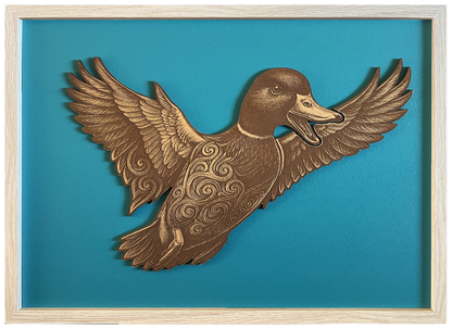 Duck — Front engraved cutout artwork with teal background and Ashwood frame — frame-finish composite and colour visualisation, not a new photograph.