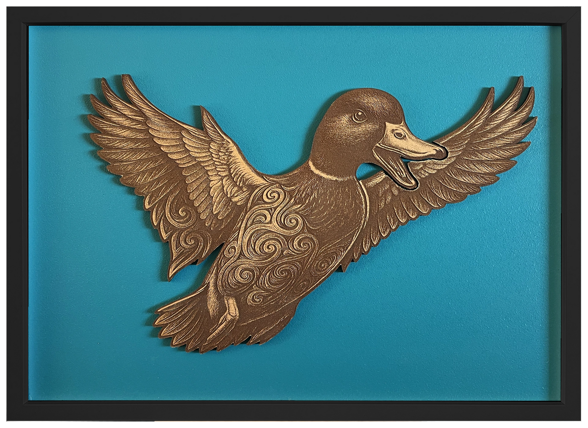 Duck — Front engraved cutout artwork with teal background and Black frame — colour visualisation, not a new photograph.