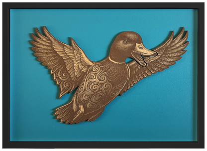 Duck — Front engraved cutout artwork with teal background and Black frame — colour visualisation, not a new photograph.