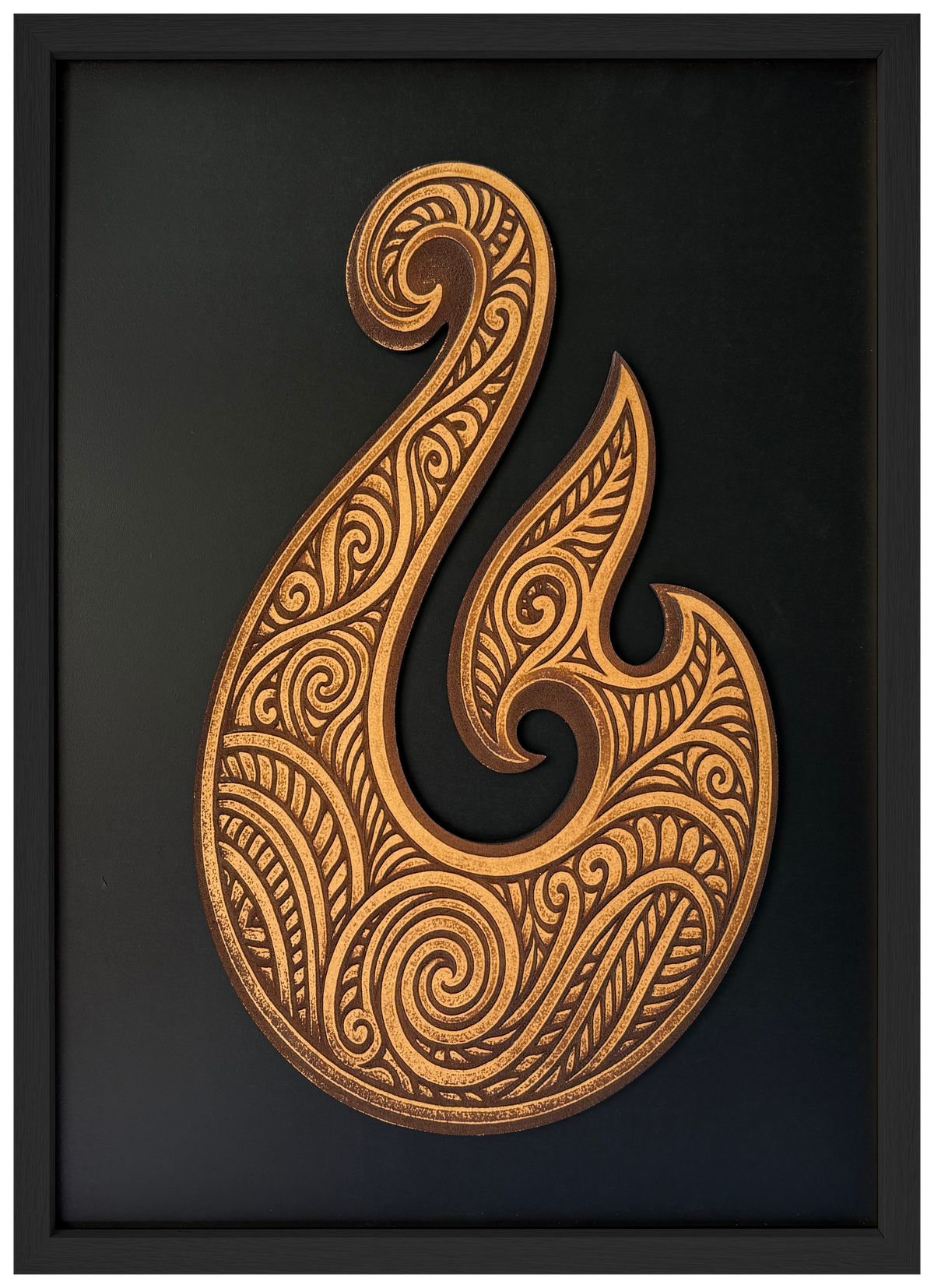 Hei Matou engraved cutout artwork with black background and Black frame — colour visualisation, not a new photograph.