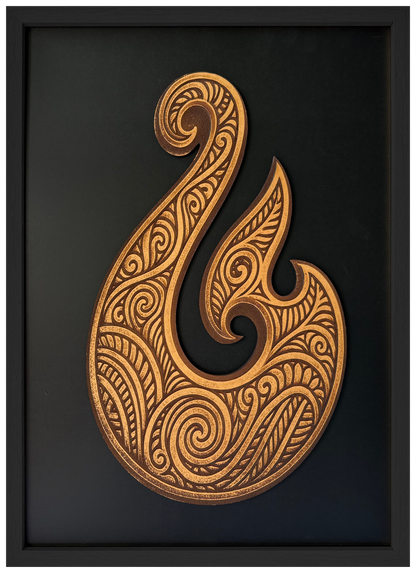 Hei Matou engraved cutout artwork with black background and Black frame — colour visualisation, not a new photograph.