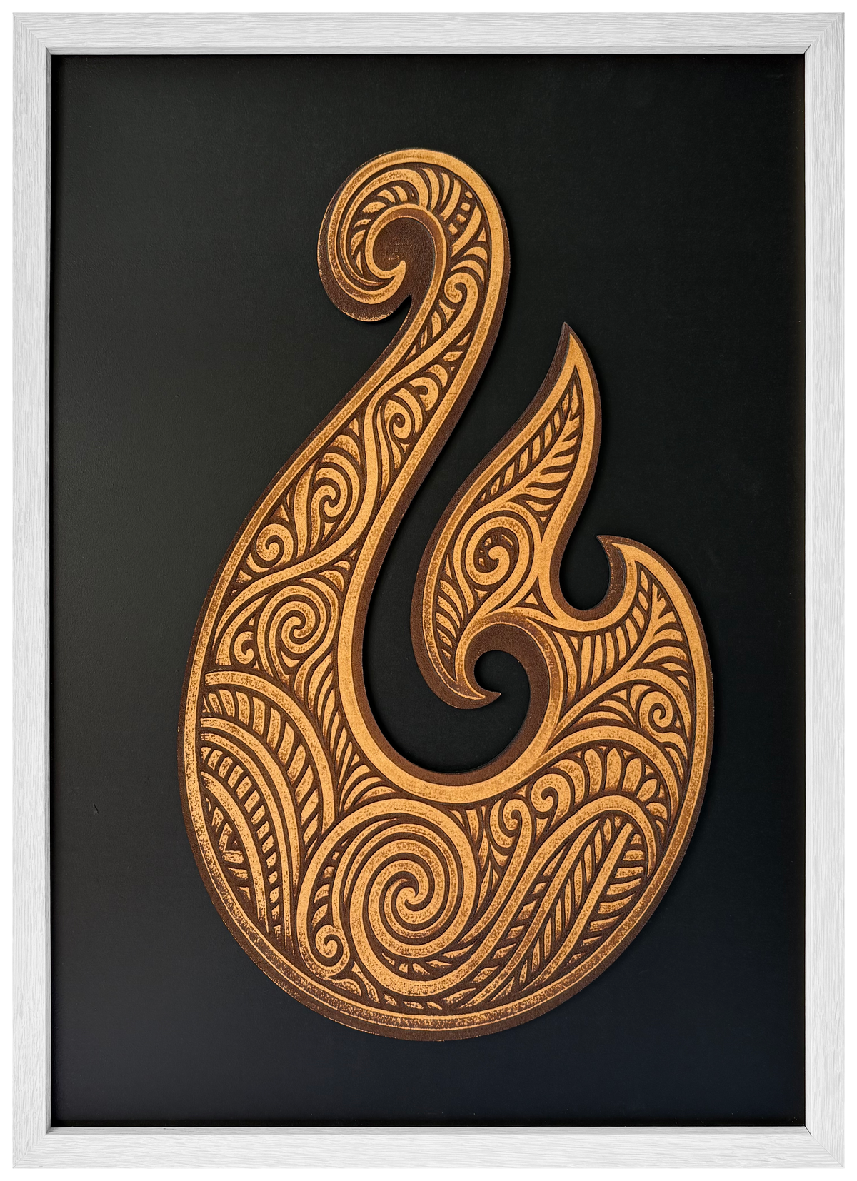 Hei Matou engraved cutout artwork with black background and White frame — colour visualisation, not a new photograph.