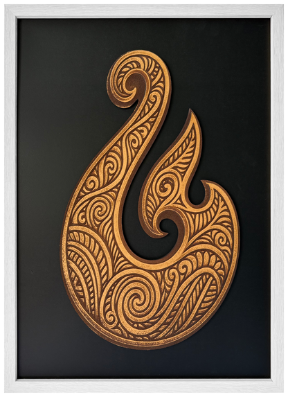 Hei Matou engraved cutout artwork with black background and White frame — colour visualisation, not a new photograph.