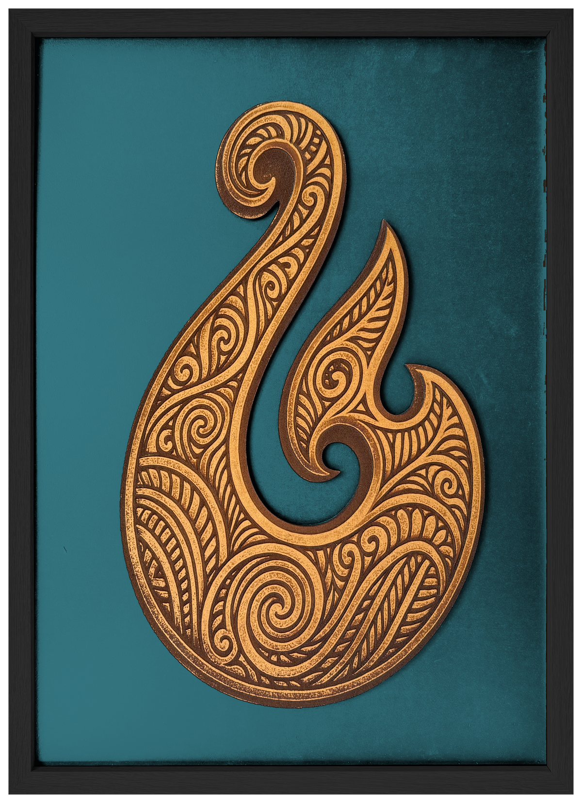 Hei Matou engraved cutout artwork with teal background and Black frame — colour visualisation, not a new photograph.