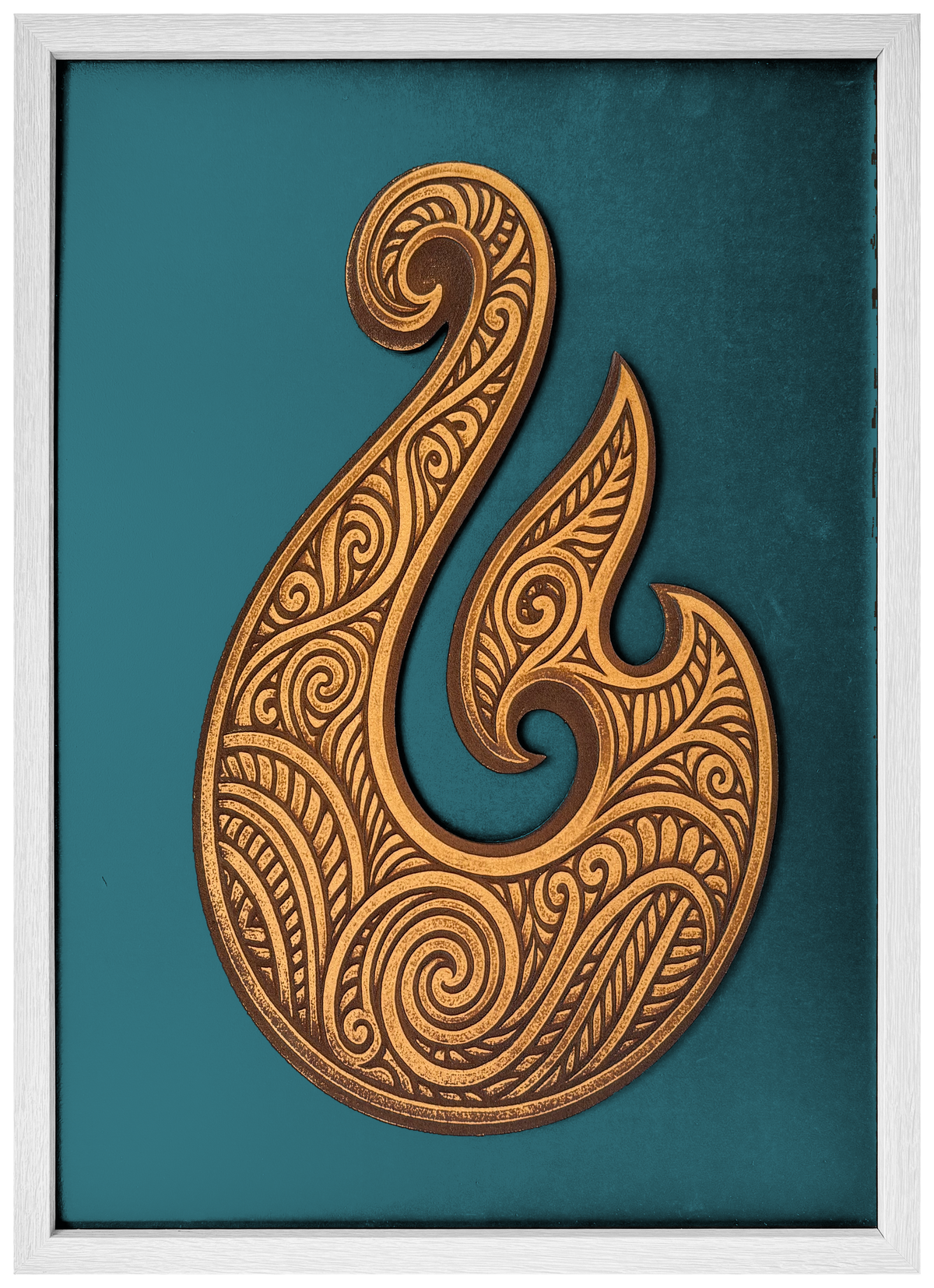 Hei Matou engraved cutout artwork with teal background and White frame — colour visualisation, not a new photograph.