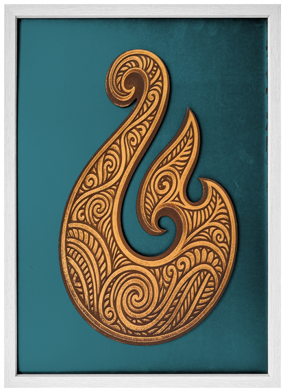 Hei Matou engraved cutout artwork with teal background and White frame — colour visualisation, not a new photograph.