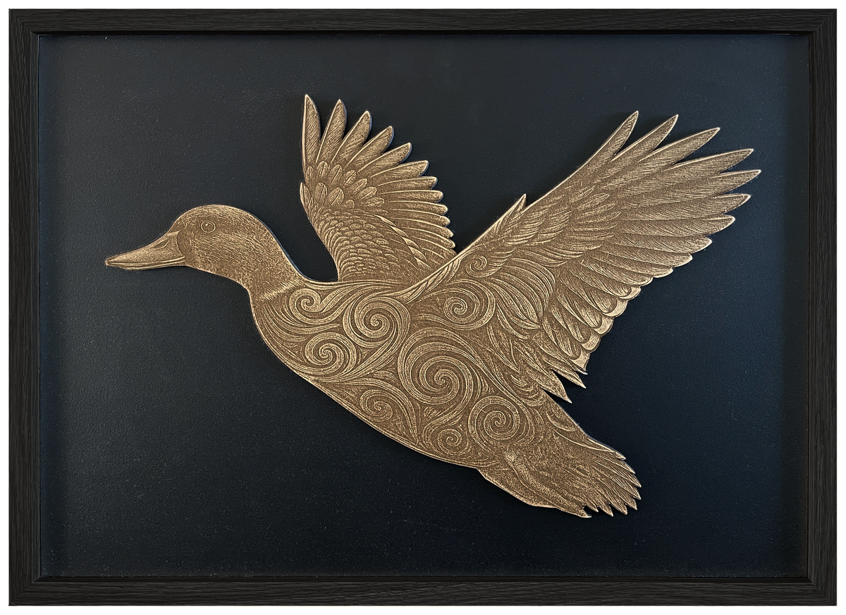 Koru Duck — Side engraved cutout artwork with black background and Black frame — colour visualisation, not a new photograph.