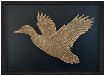 Koru Duck — Side engraved cutout artwork with black background and Black frame — colour visualisation, not a new photograph.